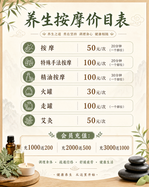 设计一张养生按摩店价目表海报，标题清晰醒目，整体风格简约温馨。内容包含：“按摩——50元/次20分钟（一个部位）
特殊手法按摩——100元/次20分钟（一个部位）
精油按摩——100元/次30分钟（一预览效果