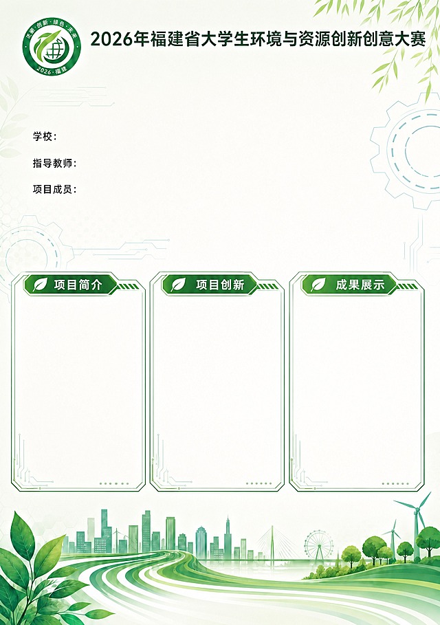 修改这张海报模板：1. 删除学校、指导教师、项目成员这三行文字前面的图标图案（房子图标、人物图标等），只保留纯文字标签；2. 将三个内容板块（项目简介、项目创新、成果展示）改为横向并排排列，从上到下依次是：顶部标题区 → 基本信息区（学校/指导教师/项目成员）→ 三个横排并列的内容板块，每个板块宽度相近、高度一致，板块标题"项目简介""项目创新""成果展示"改为横向排列在各板块顶部，不再是竖排标签；3. 三个板块内部保持空白干净，只保留边框框架；4. 整体绿色生态风格、柳条柳叶装饰、底部城市道路装饰、顶部logo和大赛名称都保持不变，版式协调美观。