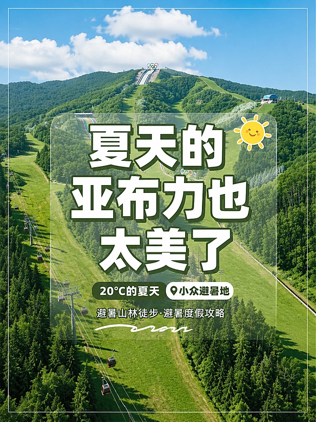 小红书笔记大字封面，配图大字，ins清新夏日山林风，版式精美，小红书笔记封面质感，适合信息流点击。主标题必须完整呈现且为画面视觉中心，逐字锁定：「夏天的亚布力也太美了」。主标题字号占画面约 50% 视觉权重，清晰可读，不得增删改字。副标题：「避暑山林徒步·避暑度假攻略」。装饰短句/角标：「20℃的夏天」「小众避暑地」。背景：采用【图1】亚布力滑雪场山形与雪道的整体构图作为参考，将雪景替换为夏天的景象——连绵的绿色山林、翠绿的松树与阔叶林、蓝天白云、绿色草甸，雪道变为蜿蜒的绿色山间步道或高山草甸滑道，缆车穿梭在青山之间，山顶有奥运五环标识，整体是夏日晴朗的高山森林风光，阳光明媚，绿意盎然。标题排版：扁平粗黑体，白色字加细深绿色描边，主标题加半透明白色圆角底框，副标题为较小号白色无衬线字，采用配图 I17 底图+全屏遮罩策略，标题居中偏上，叠加深绿色半透明轻遮罩突出大字。配图：【图1】作为场景构图参考（山形、雪道位置、缆车走向保持一致，仅将雪景全部替换为夏天的绿色山林与草甸，雪道变为绿色的山间草甸。装饰：主标题右上方 1 个太阳 emoji 小贴纸；左下角 1 个手绘白色波浪下划线装饰副标题；另加细白色矩形线框沿画面内边距一圈；emoji 不与主标题逐字混排，数量克制。整体氛围：夏日避暑、清新治愈、高山森林度假感。画质：高清细腻，信息层级清晰，白字与绿林背景强对比，文字完整处于安全区内不可裁切，四周留安全边距。画面比例 3:4，4K。图生图：严格参考【图1】的山体构图与缆车雪道走向，将雪景替换为夏天的绿色山林景观，保留山地轮廓和缆车位置不变。