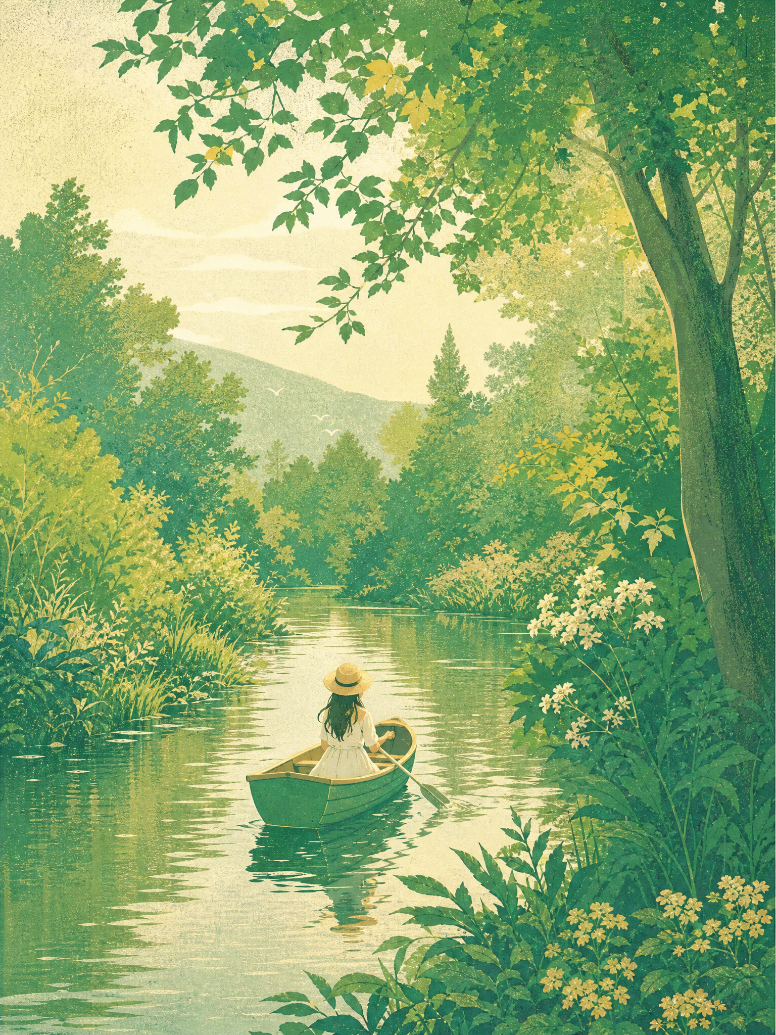 绿色清新风格的插画，描绘女孩划小船于绿河之上，河流两岸绿植环绕… - 图片创意预览