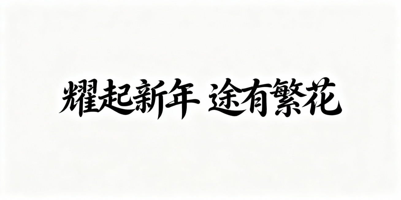 耀起新年  途有繁花   生成毛笔艺术字体，有曲线感，笔画大气背景色白色预览效果