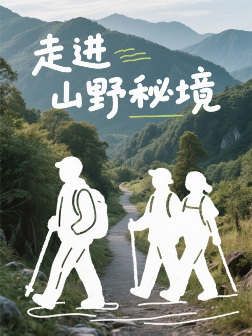 照片涂鸦，山间小路实拍图作为背景，极简线条手绘徒步人物融入照片之中，人物镂空无填充，标题为手写艺术字“走进山野秘境”。预览效果
