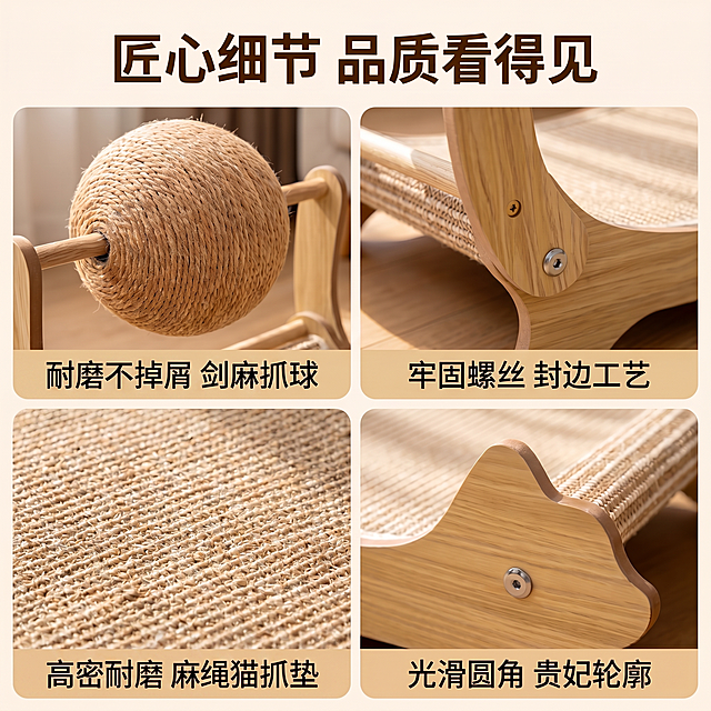 修改这张贵妃猫抓床细节详情图，将左下角格子的文案“高密度耐磨 瓦楞纸面”修改为“高密耐磨 麻绳猫抓垫”，保持其他所有内容、构图、光影、配色细节完全不变，保持图片整体风格统一，文字颜色字体位置不变，仅修改文字内容。1:1比例，2k分辨率，文字清晰准确。负向提示：变形，水印，文字错乱，改变其他内容，背景杂乱