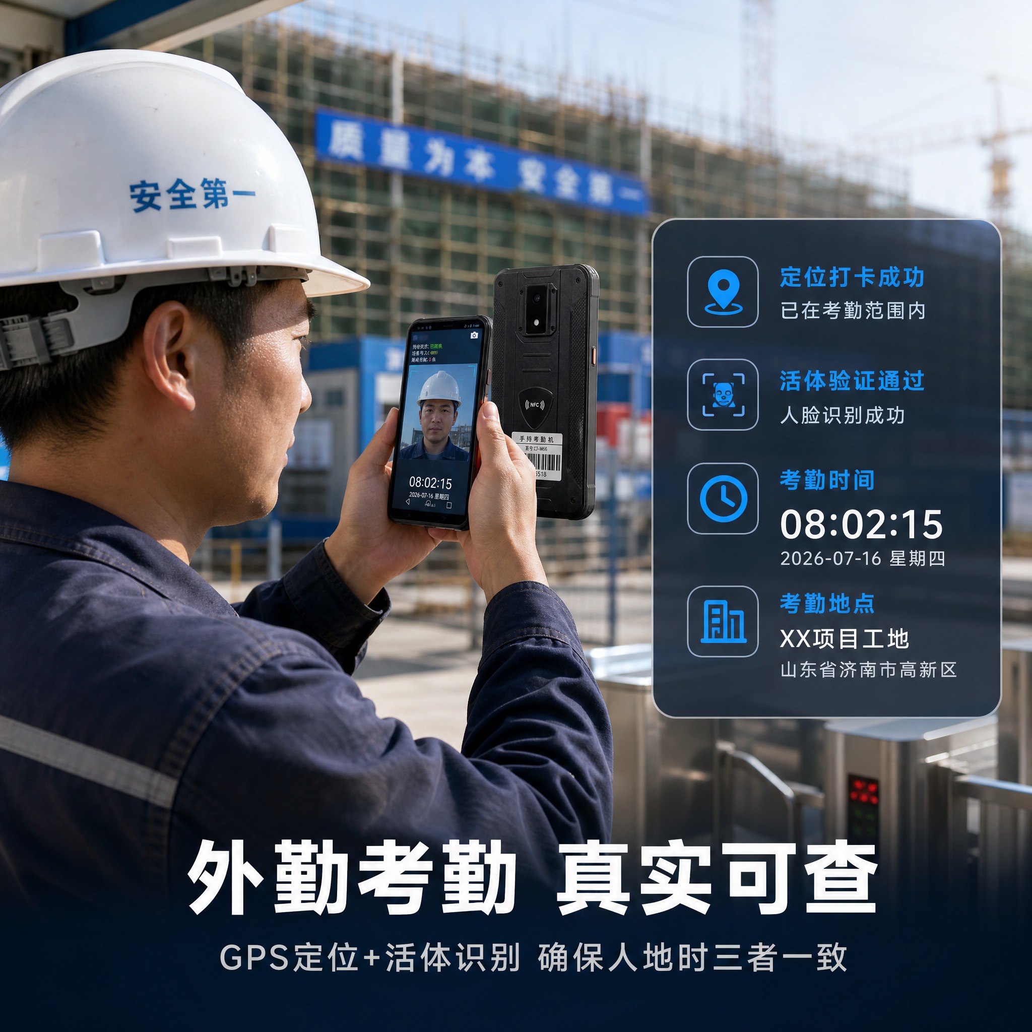 [主图-4] 真实使用场景展示，建筑工地/工厂园区外勤考勤场景… - 图片创意预览