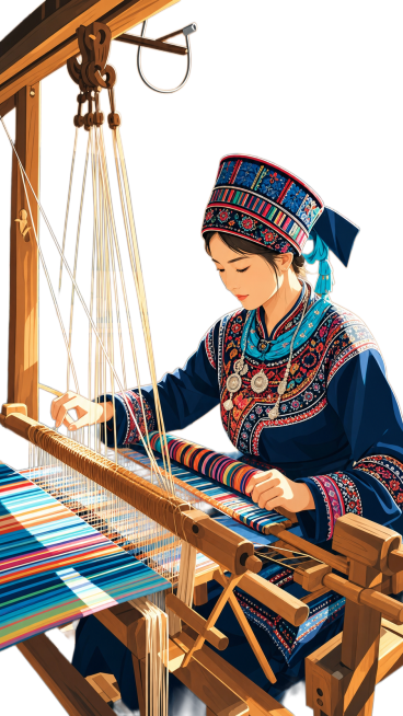参考图片人物动作，生成一张矢量图，保留彝族织布的人物动作、织机和民族服饰元素，转化为矢量风格预览效果