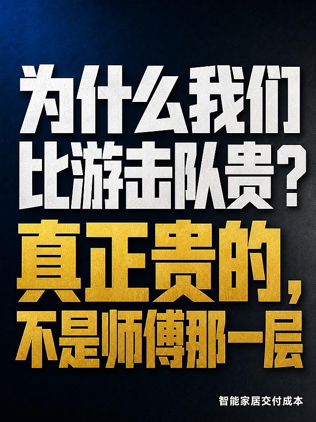 抖音竖版封面图，3:4比例。深色渐变背景，深蓝到深灰的高级渐变，有冲击力和力量感。画面中央用超大号白色粗体字写："为什么我们比游击队贵？"，换行用更大字号的金色粗体字写："真正贵的，不是师傅那一层"。文字占满画面主体区域，字体硬朗厚重，小图预览清晰可读。右下角有小字标注"智能家居交付成本"。整体风格硬朗、直接、有力量，拒绝花哨和学术感，极简大气，商业感强，高对比度。