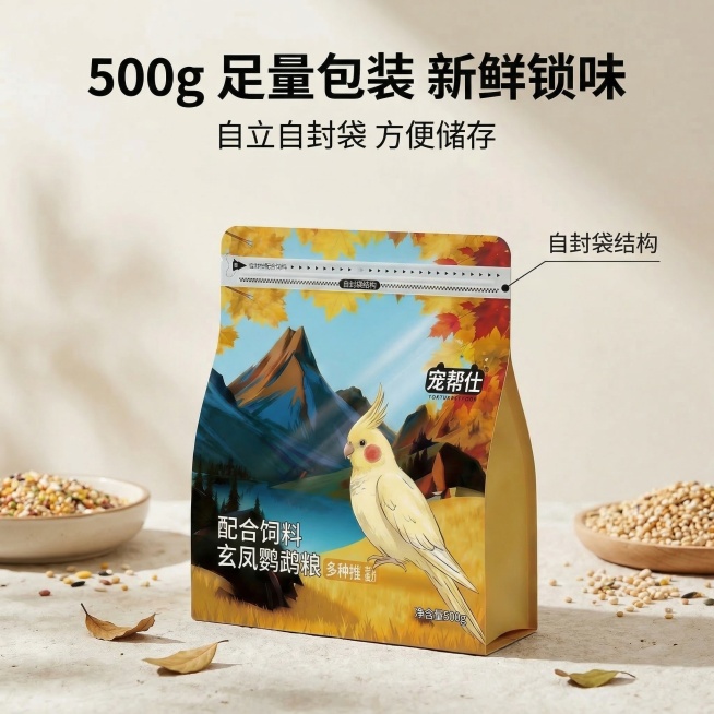 严格还原上传的宠帮仕鹦鹉粮产品图，包括包装设计、颜色、LOGO位置、文字内容、图案元素等所有细节。主标题是"500g 足量包装 新鲜锁味"，副标题是"自立自封袋 方便储存"。画面特写展示宠帮仕鹦鹉粮包预览效果