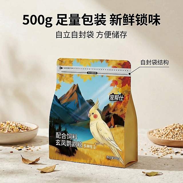 严格还原上传的宠帮仕鹦鹉粮产品图，包括包装设计、颜色、LOGO位置、文字内容、图案元素等所有细节。主标题是"500g 足量包装 新鲜锁味"，副标题是"自立自封袋 方便储存"。画面特写展示宠帮仕鹦鹉粮包装的细节（品牌LOGO、净含量500g文字、原料数量标识、自封袋拉链结构），背景为简约自然场景。整体风格自然清新，杂志级精致排版，无衬线字体，色彩统一，突出包装实用性与规格卖点。禁止修改包装净含量、结构，禁止包装细节模糊、缺失，禁止风格割裂，禁止无关元素入镜，禁止文字排版错误，禁止自封袋结构变形。