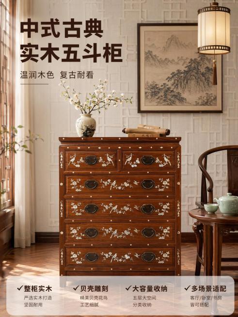 [主图-1] 中式古典实木五斗柜空间场景展示首图
[氛围风格] 新中式客厅温馨居家生活感，温润雅致东方美学
[画质] 商业摄影质感、光线柔和通透、产品清晰真实、画面干净高级
[元素] 五斗柜放置在新中预览效果
