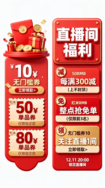 两个直播福利促销标签，红金立体卡通风格。左标签：红底异形造型，顶部3D红包堆（红底金饰）、金币、礼物盒，大字“直播福利”白红bold立体字，下方三层券模块：第一层“10¥ 无门槛券 立即领取>”红米撞预览效果