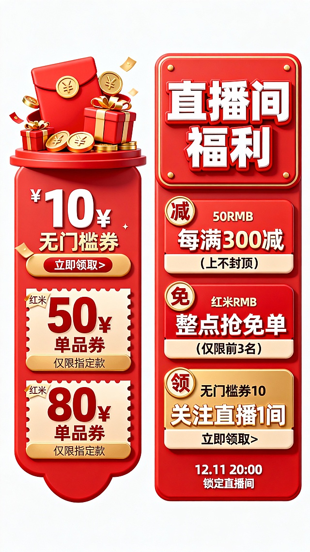 3D重拟物风格，鎏金金属质感，红金配色营造喜庆促销氛围，突出直播间福利与限时优惠，视觉冲击力强。