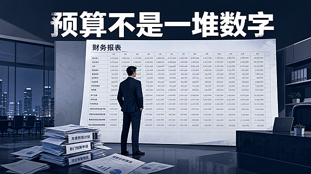 微信公众号文章插图，商务办公风格，画面中央是一位西装革履的企业老板站在巨大的财务报表前，报表上布满密密麻麻的数字但显得空洞无力，老板神情漠然、双手插兜完全不参与，旁边散落着未被重视的预算文件，背景是现代化的办公室环境，色调以深蓝、灰色为主，专业严肃的商业插画风格，画面上方有醒目标题文字："预算不是一堆数字"，整体构图简洁有力，适合作为公众号文章头图