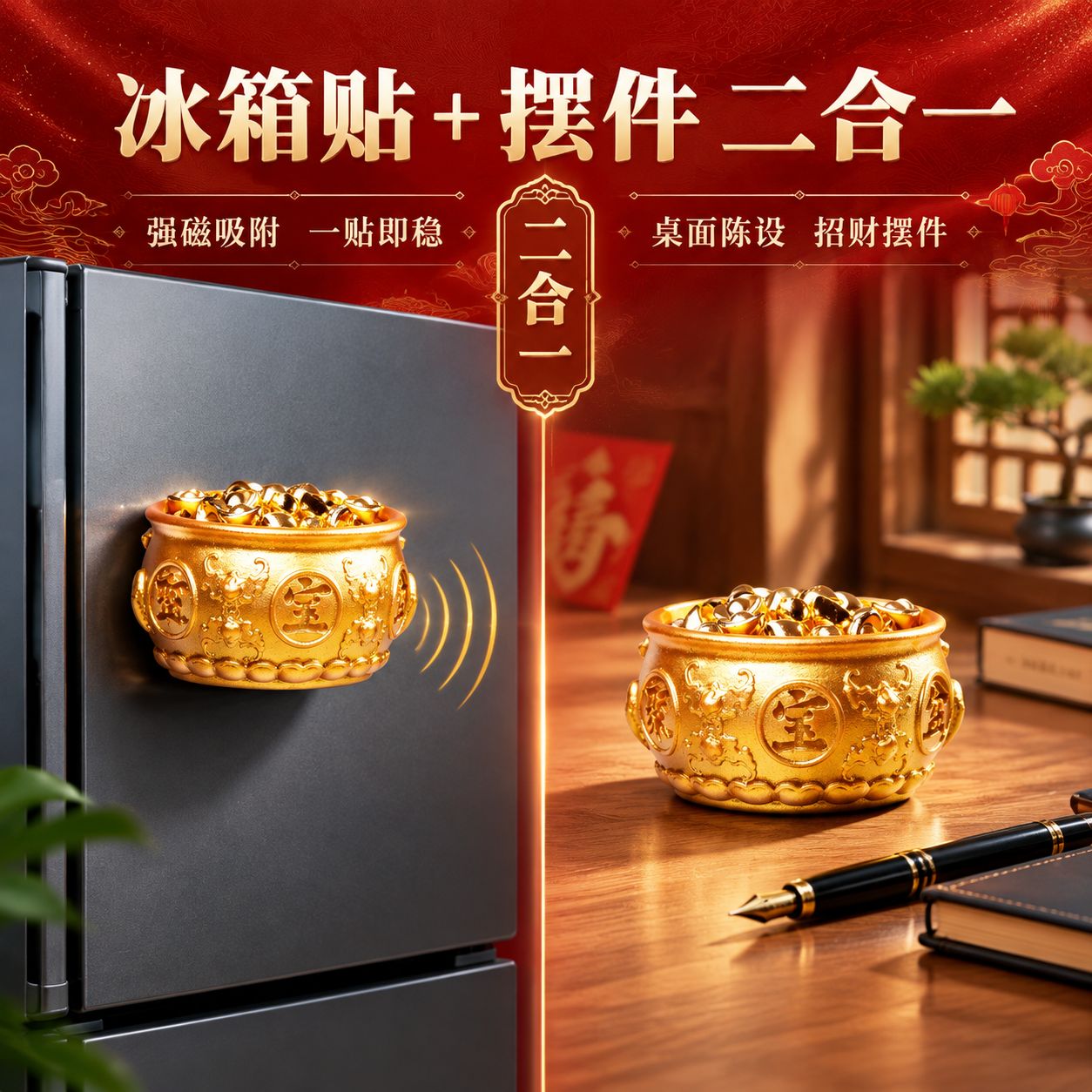 [主图-3 铜炉款] 磁吸功能展示图，展示铜炉款冰箱贴吸附效果… - 图片创意预览