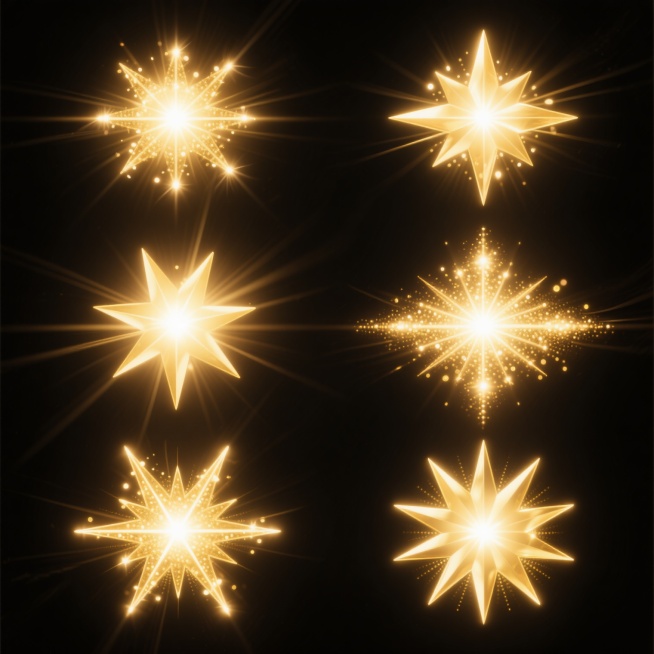 纯黑背景上，6个不同造型和角度的金色闪耀光效元素系列素材集合，规整排布。每个光效元素具有明亮的金色光芒，中心为高光亮点，向外辐射出柔和的光线和星形光芒，带有细腻的光斑和光晕效果，整体呈现出华丽、闪耀的视觉风格，光效边缘柔和过渡，保持统一的金色调，素材集合整齐排列，形成协调的视觉整体。预览效果
