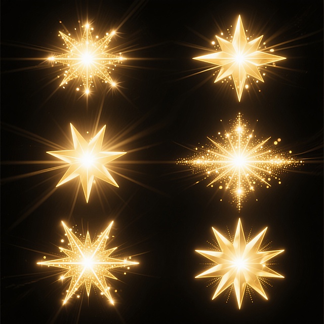 纯黑背景上，6个不同造型和角度的金色闪耀光效元素系列素材集合，规整排布。每个光效元素具有明亮的金色光芒，中心为高光亮点，向外辐射出柔和的光线和星形光芒，带有细腻的光斑和光晕效果，整体呈现出华丽、闪耀的视觉风格，光效边缘柔和过渡，保持统一的金色调，素材集合整齐排列，形成协调的视觉整体。