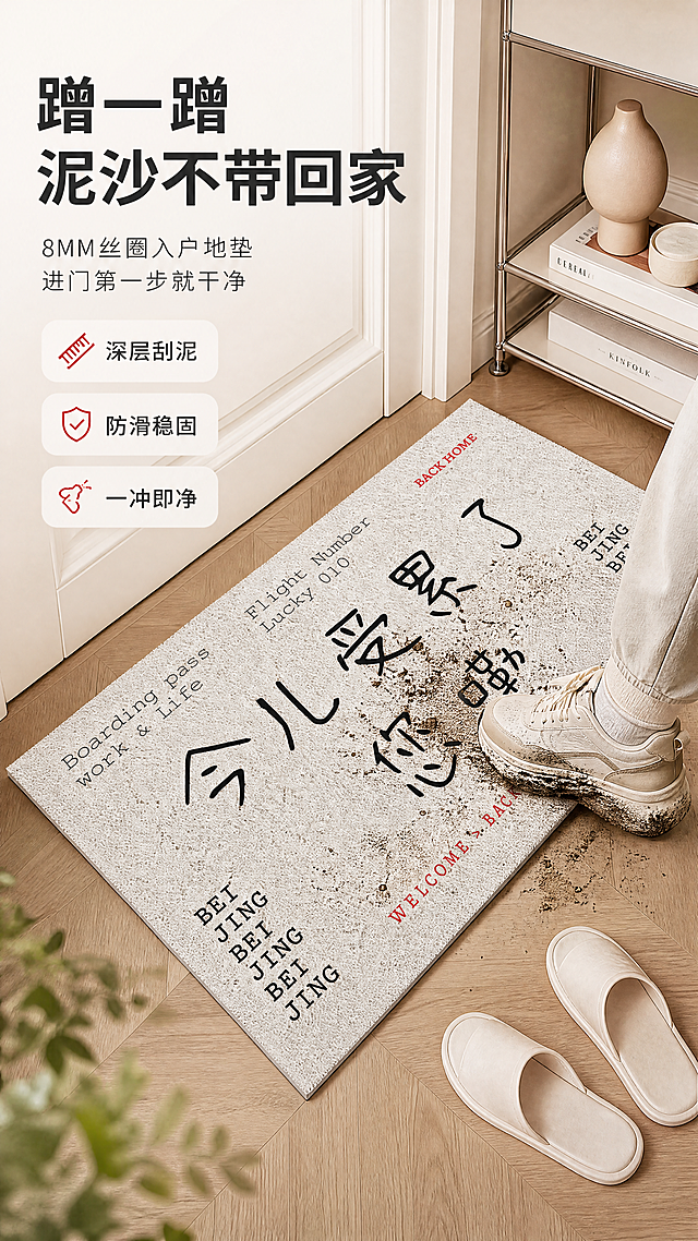 [商品] 使用【图1】白色丝圈入户门地垫，印有"今儿受累了您嘞""BEIJING""Boarding pass"等登机牌风格文字图案；保留丝圈材质纹理、8MM厚度、白色底色、所有文字图案和地垫形状比例；增强丝圈纹理质感，使毯面颗粒清晰立体。
[画面] 第1张-场景首屏，目标突出进门蹭泥刮沙、泥沙不带回家的核心功能。入户门玄关场景，俯拍视角，一双沾有泥沙的鞋子正在地垫上蹭脚，地垫表面可见被蹭下的泥沙颗粒，展示丝圈刮泥效果。地垫占画面约55%，位于画面中下部。前景是拖鞋和木地板，中景是地垫和蹭脚动作，后景是白色入户门和简约家居。左上方留白放文字区。
[视觉] 套系策略：风格=现代简约ins风家居商业摄影；标题字=思源黑体粗体；正文字=思源黑体常规；主色=米白暖调；背景延展=基于米白色做深浅层级、同色渐变和细腻木纹/墙面质感；强调色=砖红色，仅用于小面积图标、引线和标签；标题色=深炭灰；正文色=中暖灰；组件=圆角浅底信息卡、细线引线、简约图标；光影=左前侧暖柔光，自然通透。
[文字] 左上文字区，主标题大字"蹭一蹭 泥沙不带回家"，副标题"8MM丝圈入户地垫 进门第一步就干净"，下方3个短卖点：①深层刮泥 ②防滑稳固 ③一冲即净。文字横向排版，不遮挡地垫主体图案。
[规格] 图片比例9:16竖版，4K分辨率，淘宝/天猫详情页适配，中文文案。避免变形、错字、文字过小、冷蓝/蓝灰背景、地垫颜色改变、图案文字错乱。