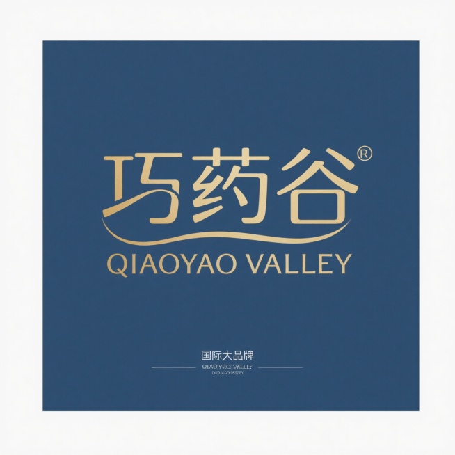 巧药谷标志设计，国际简约风格，英文“QIAOYAO VALLEY”与中文“巧药谷”组合，线条流畅，配色采用沉稳的深蓝色与金色点缀，体现专业与品质感，无多余装饰，符合国际大牌视觉简洁特征预览效果