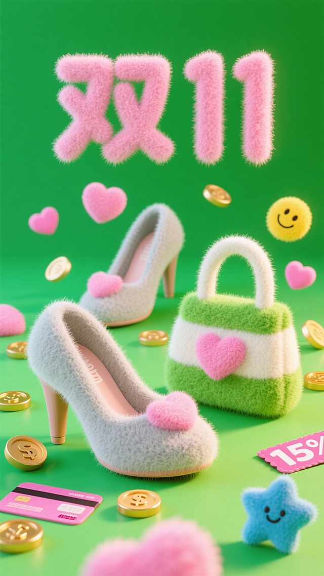 毛绒质感的鞋包、爱心等元素，营造双 11 温馨可爱的购物氛围。