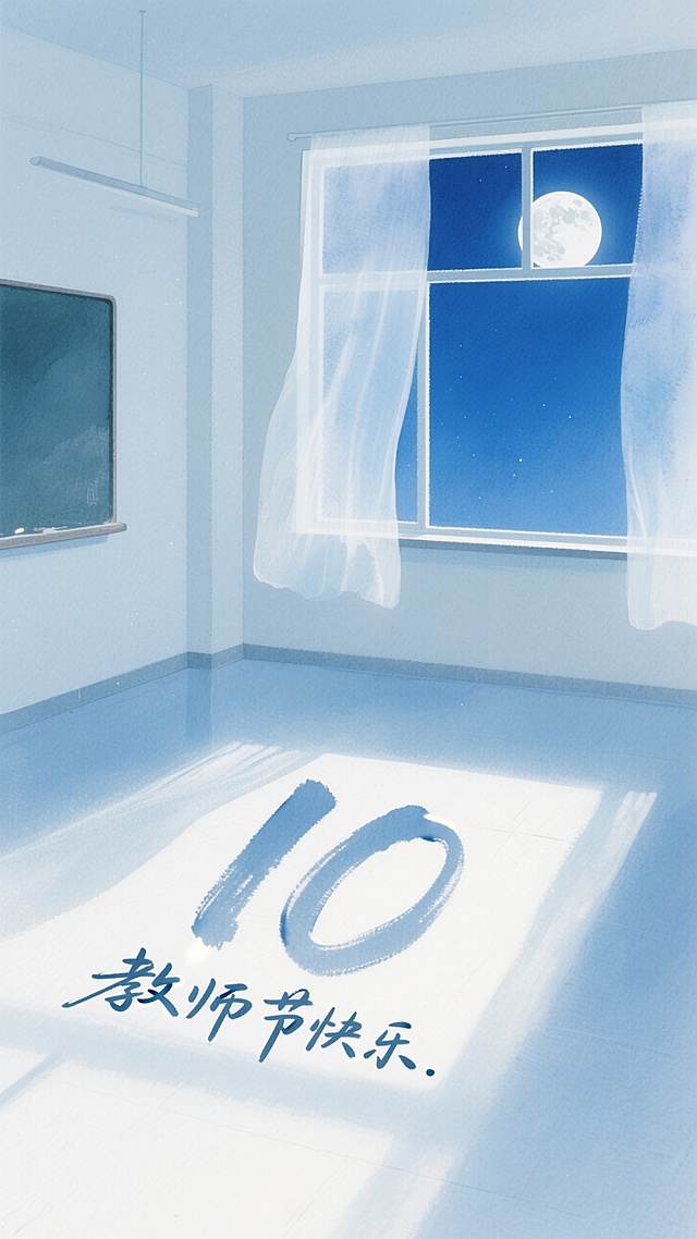 水彩风插画，梦幻教室夜景，月光洒落，庆祝教师节。