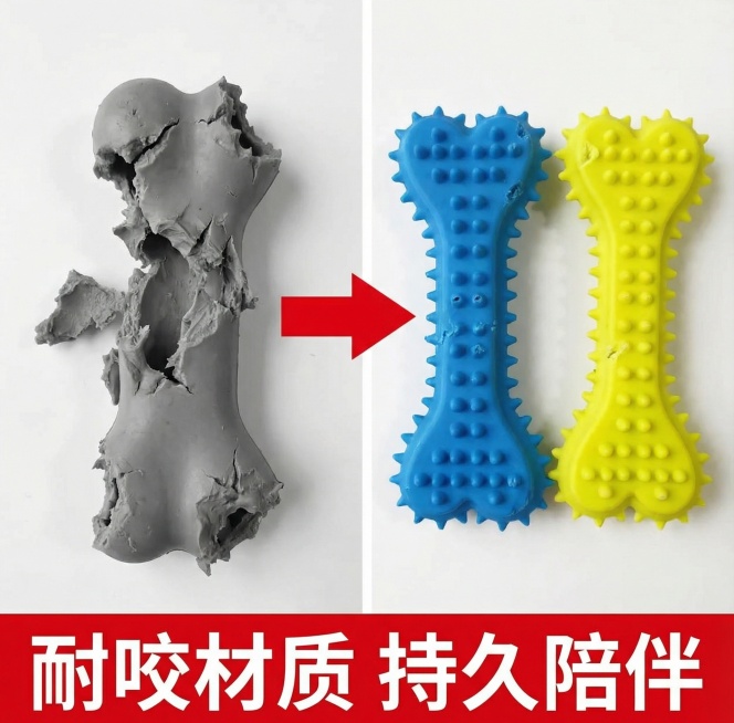 细节对比图，左侧展示普通玩具被咬坏的破损状态，右侧展示原图中的骨头形状宠物玩具经过啃咬后的完整状态，用红色箭头标注对比差异，下方配文"耐咬材质 持久陪伴"，视觉风格平实直观，突出产品耐用性预览效果