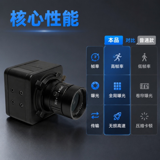 [主图-2] USB3.0工业相机核心性能卖点对比展示。
[氛围风格] 工业科技风，技术参数可视化
[画质] 商业摄影质感，产品清晰真实，细节锐利，保持原产品外观不变。
[元素] 左侧主体大图展示工业预览效果
