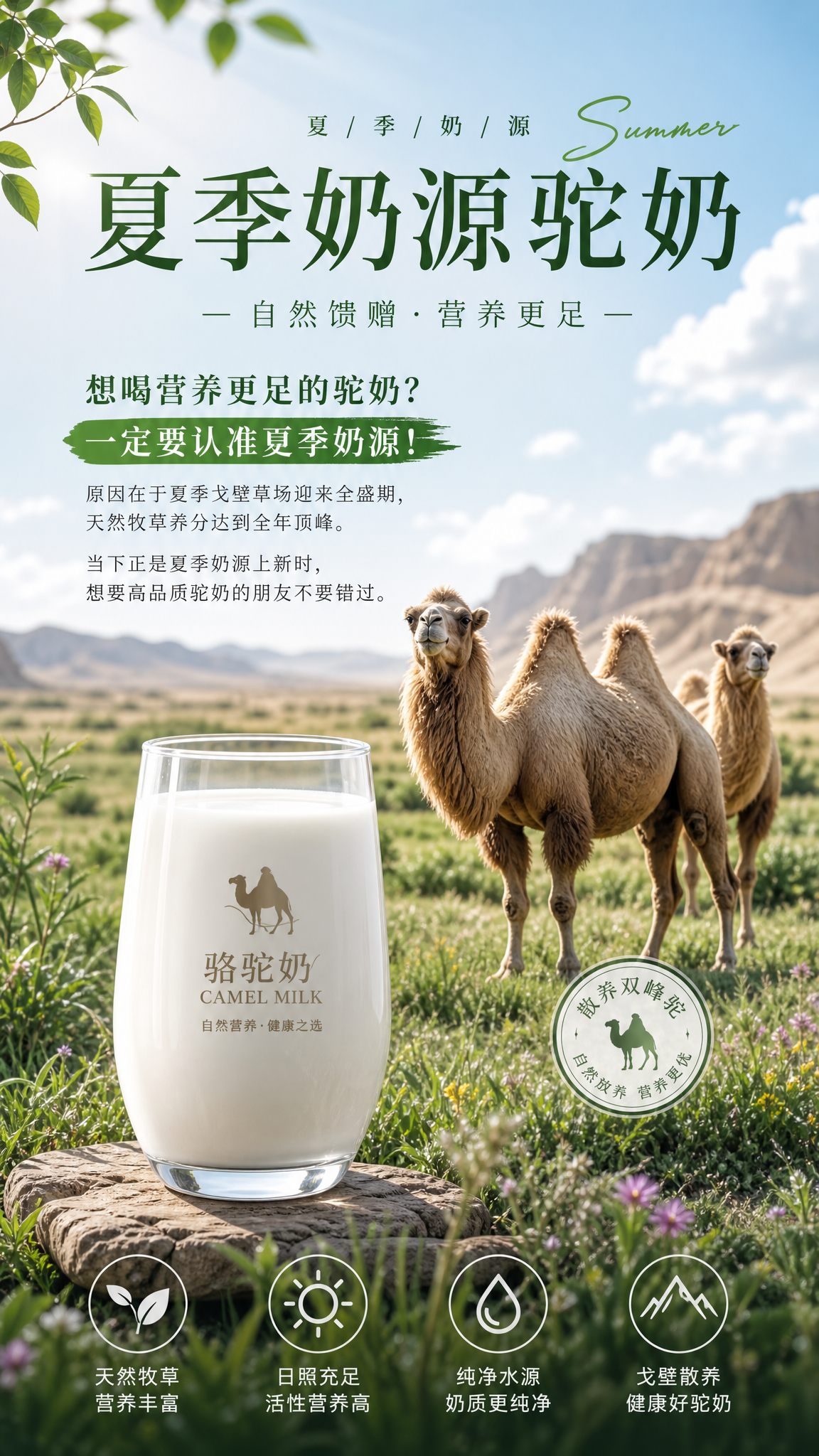 骆驼奶促销海报，主题是夏季奶源驼奶，背景是戈壁草原风光，展示一… - 图片创意预览
