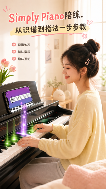 第二张图：同一女孩拿着手机，打开Simply Piano钢琴陪练软件，跟着APP界面灯光提示弹奏钢琴，表情放松享受，文案是"Simply Piano陪练，从识谱到指法一步步教"，整体色调清新温暖，适合预览效果