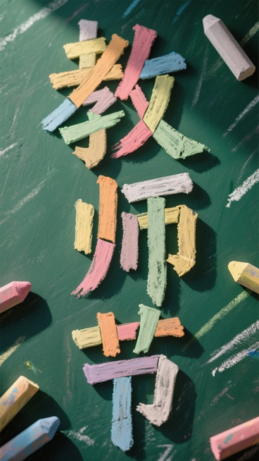 "教师节"文字，三个字的笔画由不同颜色的粉笔字拼接而成，放在一块简单的墨绿色背景上。预览效果