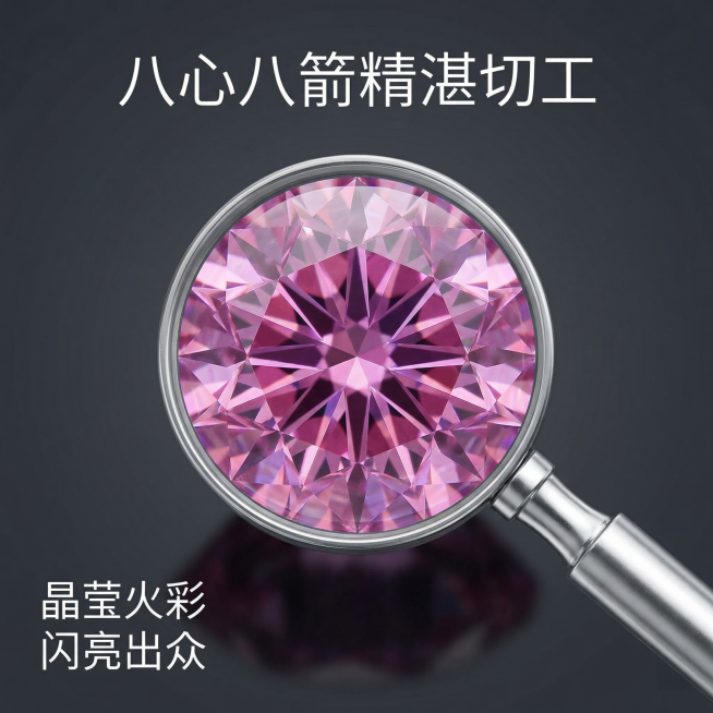 [主图 3] 粉紫钻石切工细节特写图
[氛围/风格] 极致质感，微距细节，专业高级
[画面元素] 使用放大镜放大效果展示粉紫钻石的切面细节，突出钻石刻面清晰的纹理和折射光感，钻石晶莹闪亮，原钻石颜色切预览效果