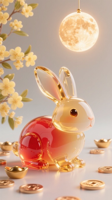一只匍匐回望、灵动可爱的玉兔，金色玉皮雕成环绕玉兔背景是桂花，高挂暖色月亮，月光洒在玉雕上泛温润光泽，静谧吉祥；玉兔眼含灵动光泽，地面散落元宝与铜钱，整体色调暖金与中国红交织，细节丰富饱满预览效果