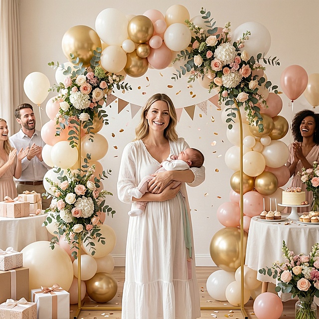 画面中央是抱着婴儿的欧美女人，正在举行婴儿派对，人物身后以金色拱形装饰门作为背景，拱门两侧装饰气球和鲜花，烘托温馨欢快的派对氛围