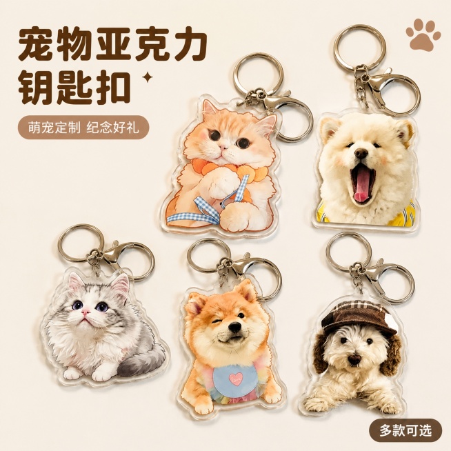 「图片1」，生成电商主图（5张），商品名称是宠物亚克力钥匙扣，卖点是无毛刺一体切割，异形自由定制，宠物纪念礼品首选，适配淘宝/天猫平台，主图比例为1:1预览效果