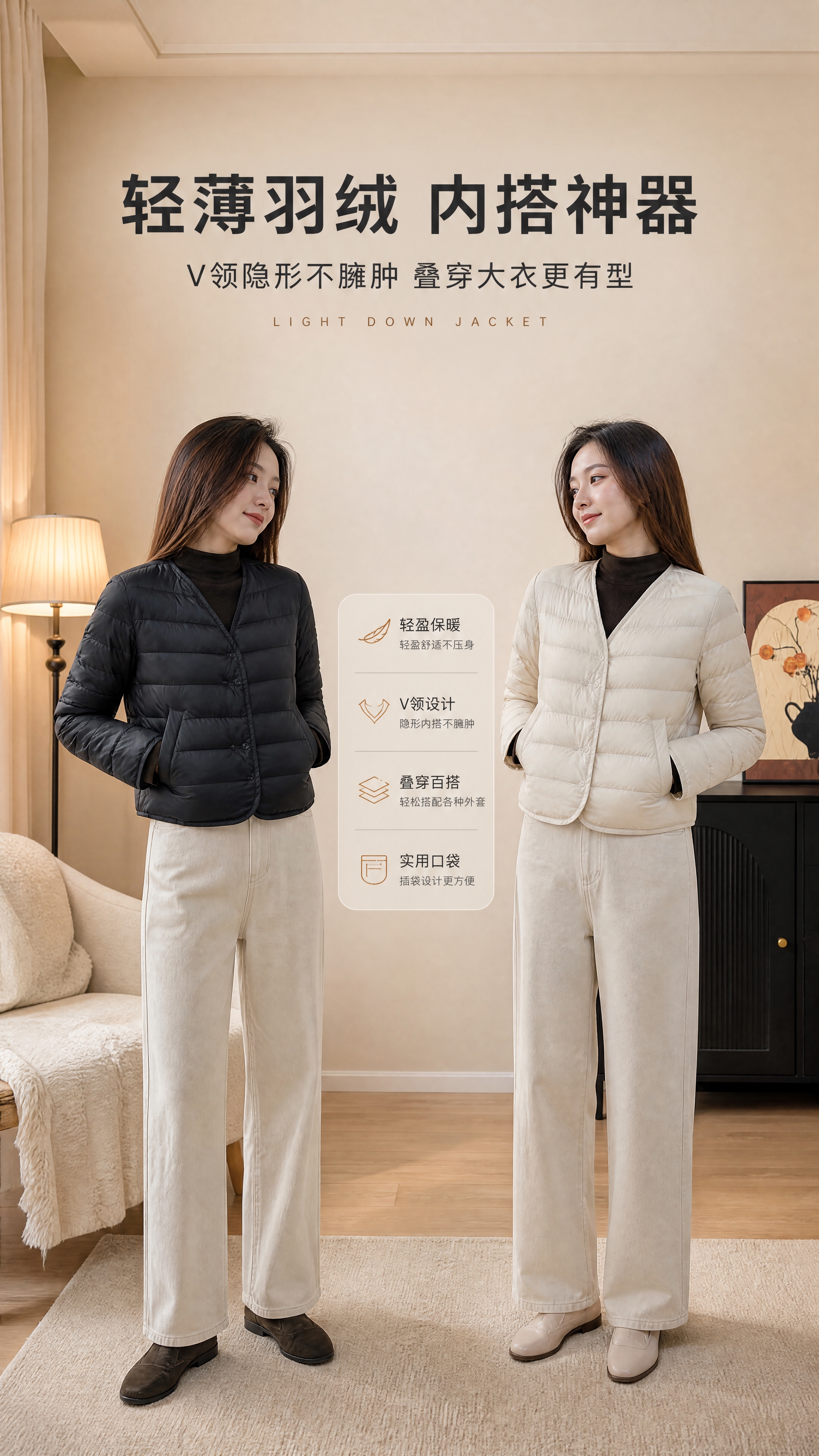 [商品] 使用【图1】黑色短款V领轻薄羽绒服 + 【图8】米白… - 图片创意预览