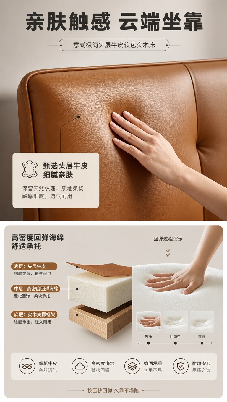 [商品] 使用【图1】意式极简头层牛皮软包实木床；保留床头软包… - 图片创意预览