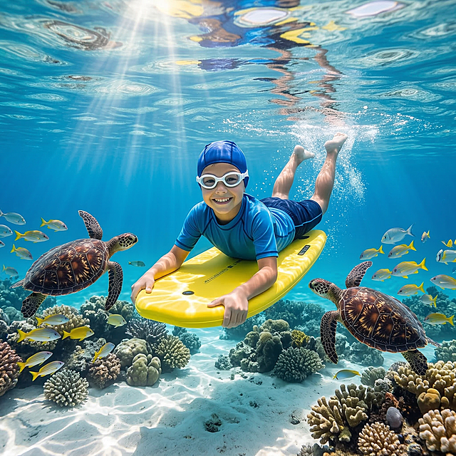 把模特改成一位面带灿烂笑容的小男孩，身着蓝色短袖速干泳衣 + 深蓝色泳裤，佩戴蓝色泳帽与白框潜水镜，正趴在一块亮黄色浮力板上，双手抓握板沿，双腿向后伸展呈划水姿态。互动元素：画面左右两侧各有一只野生海龟，海龟壳纹清晰，周围环绕着成群的热带小鱼（以黄、银色为主），与男孩形成友好的水下互动。场景设定环境：清澈的热带浅海海底，阳光从水面穿透形成丁达尔效应，水下可见白色细沙、形态各异的珊瑚礁群，海水呈现通透的渐变蓝。氛围：充满童趣与探索感的夏日海洋冒险场景，传递轻松、愉悦、亲近自然的情绪。风格参考摄影风格：写实商业产品摄影，质感细腻，光影通透，类似高端户外亲子泳具广告片风格。视觉质感：高清晰度、高饱和度，兼具自然真实感与商业宣传感，无过度艺术化滤镜。色彩色调主色调：清澈的天蓝色 + 湖蓝色（海水），搭配男孩的宝蓝色泳衣与亮黄色浮力板形成鲜明对比。辅助色：海龟的深褐色、珊瑚的暗绿色、热带鱼的明黄色与银色，整体色调清新明快，充满夏日活力。构图视角视角：水下平视偏仰视角，镜头贴近男孩面部，同时保留完整的水下环境与水面波纹，形成半水面（上半部分可见水面光影）+ 全水下的构图。构图：男孩位于画面中心偏上区域，海龟与珊瑚礁分布在画面左右及下方，形成视觉平衡，突出主体与海洋环境的融合。附加细节水面细节：顶部可见轻微的水面波纹与反光，模拟真实水下视角的边界感。光影细节：阳光穿透水面形成的光束，照亮男孩面部与珊瑚礁，营造通透的水下光影。泳衣的速干面料纹理、浮力板的哑光质感、潜水镜的透明反光、珊瑚与海龟的粗糙纹理均需清晰呈现。