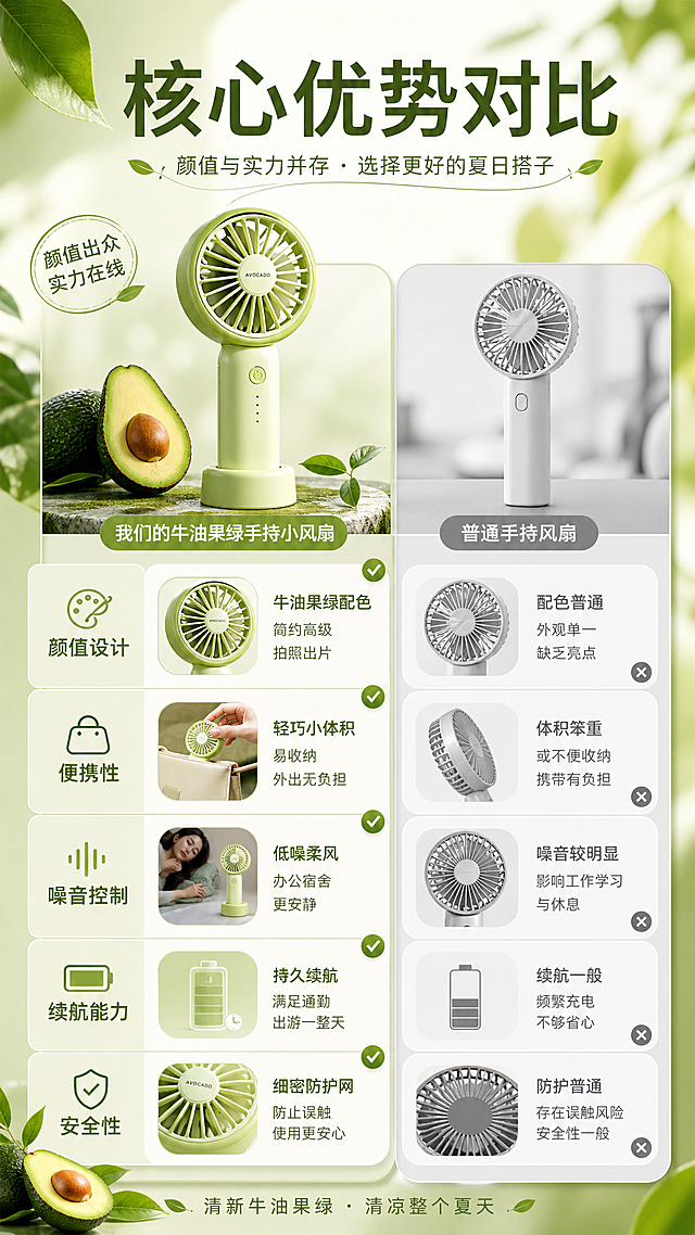 清新牛油果绿主调，融合扁平风与轻拟物设计，简约印刷风呈现夏日清爽感，传递舒适柔和的视觉体验。