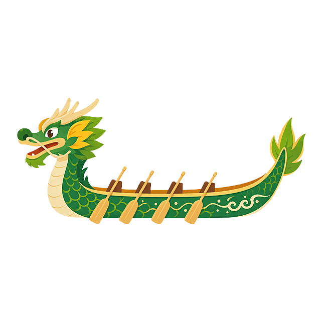 端午传统龙舟矢量插画，扁平化设计风格，干净线条，纯色块，透明背景，PNG格式素材