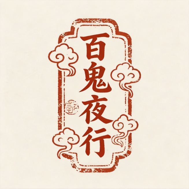 仿照参考图一的印章风格，为文字"百鬼夜行"制作同款中国风竖版印章logo，朱红色字体和边框，做旧斑驳的印泥质感，带有复古印章边框，四周装饰传统云纹图案，浅米白色背景，四字竖向排列，文字和整体构图与参考预览效果