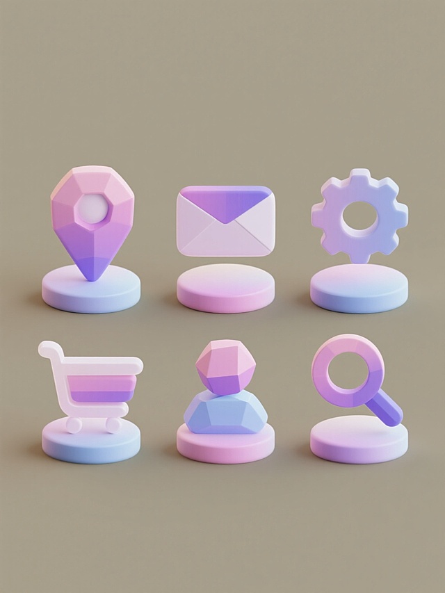6个不同元素的3D图标系列，保持统一的低多边形简约风格，每个图标都有光滑的曲面和渐变色彩，元素包括定位标记、信封、购物车、设置齿轮、用户头像和搜索放大镜，每个图标都有一个圆形底座，底座为渐变色，图标主体颜色各不相同但保持协调的色彩方案，所有图标整齐排列在纯色背景上，图标之间间距均匀，整体呈现出简洁、现代的设计感，具有清晰的视觉层次和良好的信息传达效率，适合作为移动应用或网站的功能图标集合。