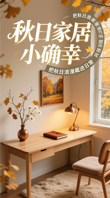 上半部分用白色艺术字设计主标题 “秋日家居小确幸”，字体边缘点缀细碎金箔质感，副标题 “把秋日浪漫藏进日常” 以弧形排版环绕主标题右侧，呈现灵动活泼的视觉效果。中间至底部展现温馨家居场景：浅木色书桌靠预览效果