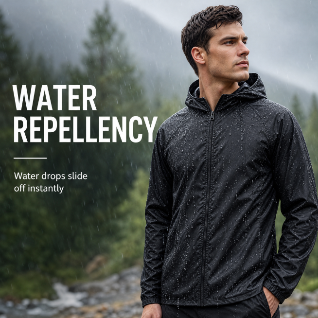 [Main Image 5] Waterproof function demonstration of men's black lightweight jacket. The model wears预览效果