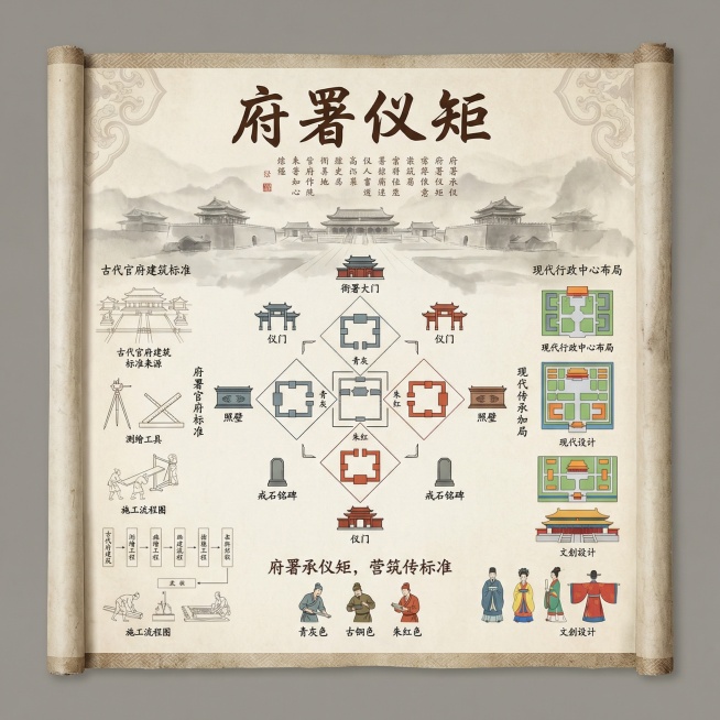 中式卷轴信息系统整体效果图，卷轴展开幅度适中，边缘有传统肌理，淡雅米色背景点缀浅淡水墨府署对称虚影。画面布局规整，中心是府署对称布局转化的几何化符号阵列，用青灰、朱红色块加水墨线条勾勒，围绕阵列分布衙预览效果