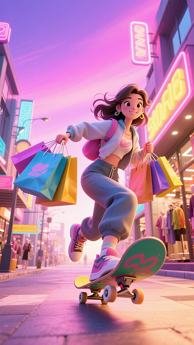 梦幻霓虹街头，软3D卡通少女滑板购物，潮流时尚感爆棚，动漫风与塑料质感交融，尽显可爱与都市活力。