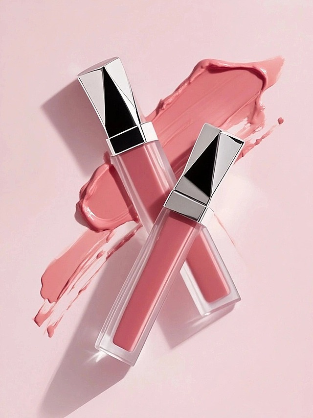 浅粉色背景，背景融入唇釉涂抹痕迹，位于唇釉后方，呈不规则形状