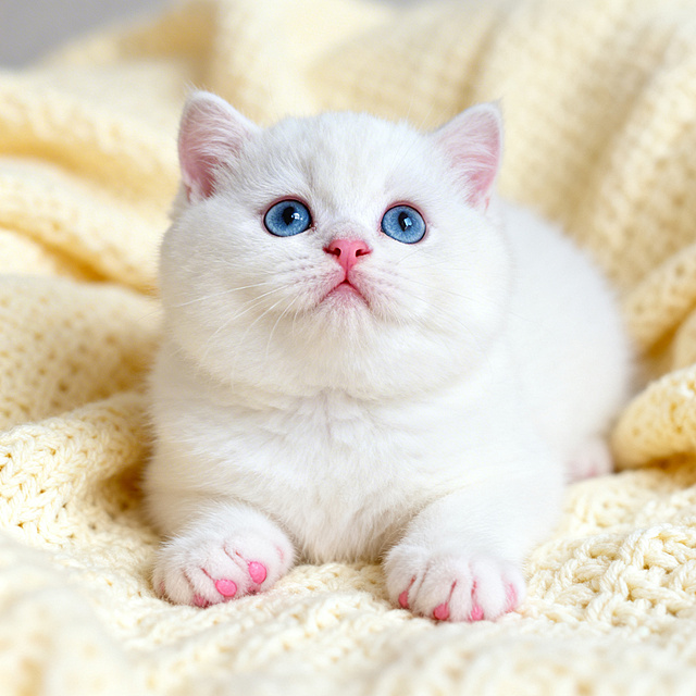 一只圆滚滚的白色可爱小猫，睁着大大的蓝眼睛，粉粉的小鼻子，爪子肉垫粉嫩，趴在柔软的浅黄色针织毯子上，暖色调柔光，治愈系风格