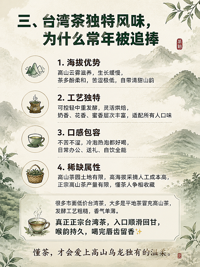 小红书笔记图文，新中式高级茶文化风格，版式精美，小红书笔记封面质感，适合信息流点击。主标题位于画面顶部，逐字锁定：「三、台湾茶独特风味，为什么常年被追捧」。主标题字号醒目，深墨绿色粗黑体。画面主体为4个优势点+底部总结的版式：1. 「海拔优势」，正文「高山云雾滋养，生长缓慢，茶多酚柔和，苦涩极低，自带清甜山韵」；2. 「工艺独特」，正文「可控轻中重发酵，灵活烘焙，奶香、花香、蜜香层次丰富，适配所有人口味」；3. 「口感包容」，正文「不苦不涩，冷泡热泡都好喝，日常办公、送礼、自饮全能」；4. 「稀缺属性」，正文「高山茶园土地有限，高海拔采摘人工成本高，正宗高山茶产量有限，懂茶人争相收藏」。底部总结区用浅色底框突出：「很多市面低价台湾茶，大多是平地茶冒充高山茶，发酵工艺粗糙，香气单薄。真正正宗台湾茶，入口顺滑回甘，喉韵持久，喝完唇齿留香✨」。最底部金句：「懂茶，才会爱上高山乌龙独有的温柔。」。背景：高级新中式水墨茶山意境，淡雅墨绿与米灰渐变，细腻宣纸纹理，淡淡云雾晕染，角落点缀水墨茶叶枝桠，整体色调沉稳高级有质感。文字样式：优势点标题为深棕色粗体带序号，正文为深灰色细体，总结区文字略深更醒目。装饰：每个优势点配简约小图标，少量手绘茶叶元素点缀，信息层级清晰。整体氛围：高端茶文化、干货科普、文艺有深度。画质：高清细腻，文字清晰可读，文字完整处于安全区内不可裁切，四周留安全边距。画面比例3:4。