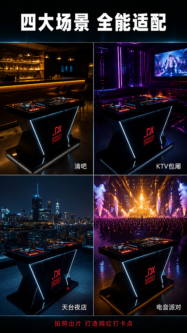 [主图-4] 多场景应用四宫格 清吧 KTV 天台夜店 电音派对
[氛围风格] 科技未来感 沉浸式场景体验 小红书种草风
[画质] 商业摄影质感 每个场景光影真实 产品清晰 氛围到位
[元素] 四宫格布局 四个场景各占一格 每格中都有同款DJ打碟台 保持外观结构材质颜色与输入产品图一致 杜绝变形色差。左上格：清吧场景 暖调木质吧台旁 暖光环境 打碟台冷白灯光与环境形成对比 氛围低调高级；右上格：KTV包厢场景 暗色包厢内 霓虹灯光 打碟台红色LOGO醒目 沙发与屏幕在背景；左下格：天台夜店场景 城市夜景天际线 星空下 打碟台灯带璀璨 玻璃护栏环绕；右下格：电音派对场景 舞台灯光 烟雾效果 人群剪影在背景 打碟台成为视觉中心。四格之间有细微白色分隔线。
[光影] 四个场景各自独立光影 左上清吧偏暖柔 右上KTV偏霓虹对比 左下天台偏冷调城市光 右下派对偏强烈舞台光 每张都突出打碟台自身LED灯带发光效果
[配色] 整体统一冷黑科技基调 四个场景分别融入暖木色 霓虹紫 城市蓝 舞台金 但产品本身配色保持一致
[视角构图] 四宫格等大排列 每格内打碟台视角略有不同 有正面 有侧面 有45度 避免重复 每格产品占比约50-60% 场景环境充分展示
[文字版式] 顶部通栏主标题"四大场景 全能适配" 白色粗体大号 居中。每格右下角有场景标签 白色小字："清吧""KTV包厢""天台夜店""电音派对"。底部一行小字"拍照出片 打造网红打卡点" 红色细体居中。
[输出要求] 9:16比例 文字清晰可辨 超高清商业摄影质感
[负向提示词] 变形 文字错乱 产品图模糊 背景杂乱 水印 电商平台Logo 多余的手 多余的手指 畸形手 融合手指 手部扭曲 肢体穿模 人物面部扭曲 关节反折