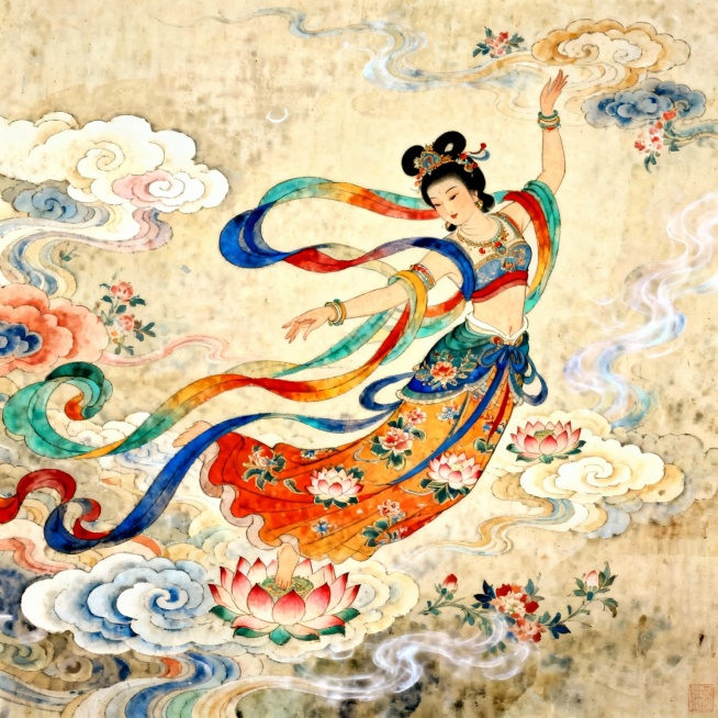 请根据图片生成敦煌飞天仙女宣传图片，身披五彩斑斓且轻盈飘逸的彩带，身着
绣有精美莲花图案的华丽裙裾，在空中翩翩起舞，周围是敦煌风格的祥云和飘花预览效果