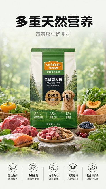[第4屏] 本屏功能定义：麦富迪宠物食品多重天然营养展示屏。
[氛围/风格] 自然柔和产品展示，浅森林实景背景，整体干净温润，自然均衡。
[元素布局] 画面中心摆放整袋麦富迪宠物粮产品，保持包装结构、预览效果
