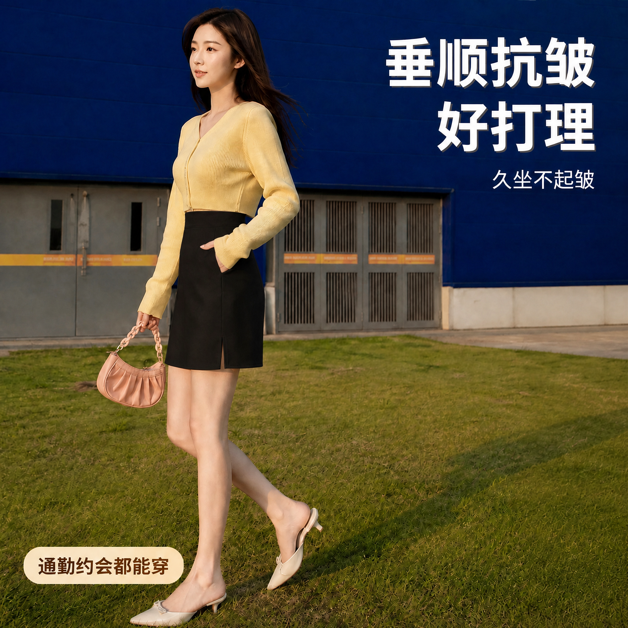 将图中白色高腰开叉A字半身短裙改为纯黑色，保持裙子的版型、结构… - 图片创意预览